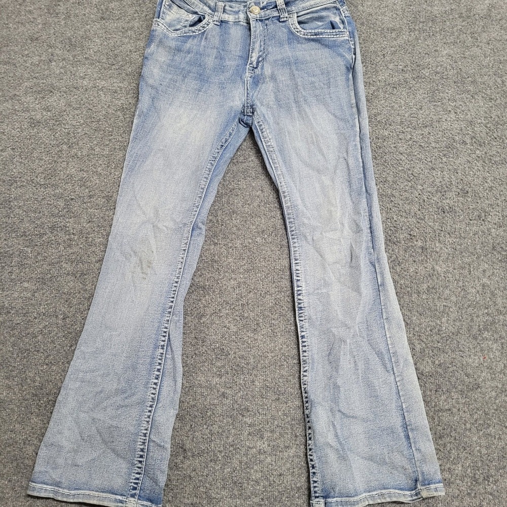 Sky Jeans Womens Size 28 Light Wash Blue Flare Thick Stitch Rhinestone Y2K Fair